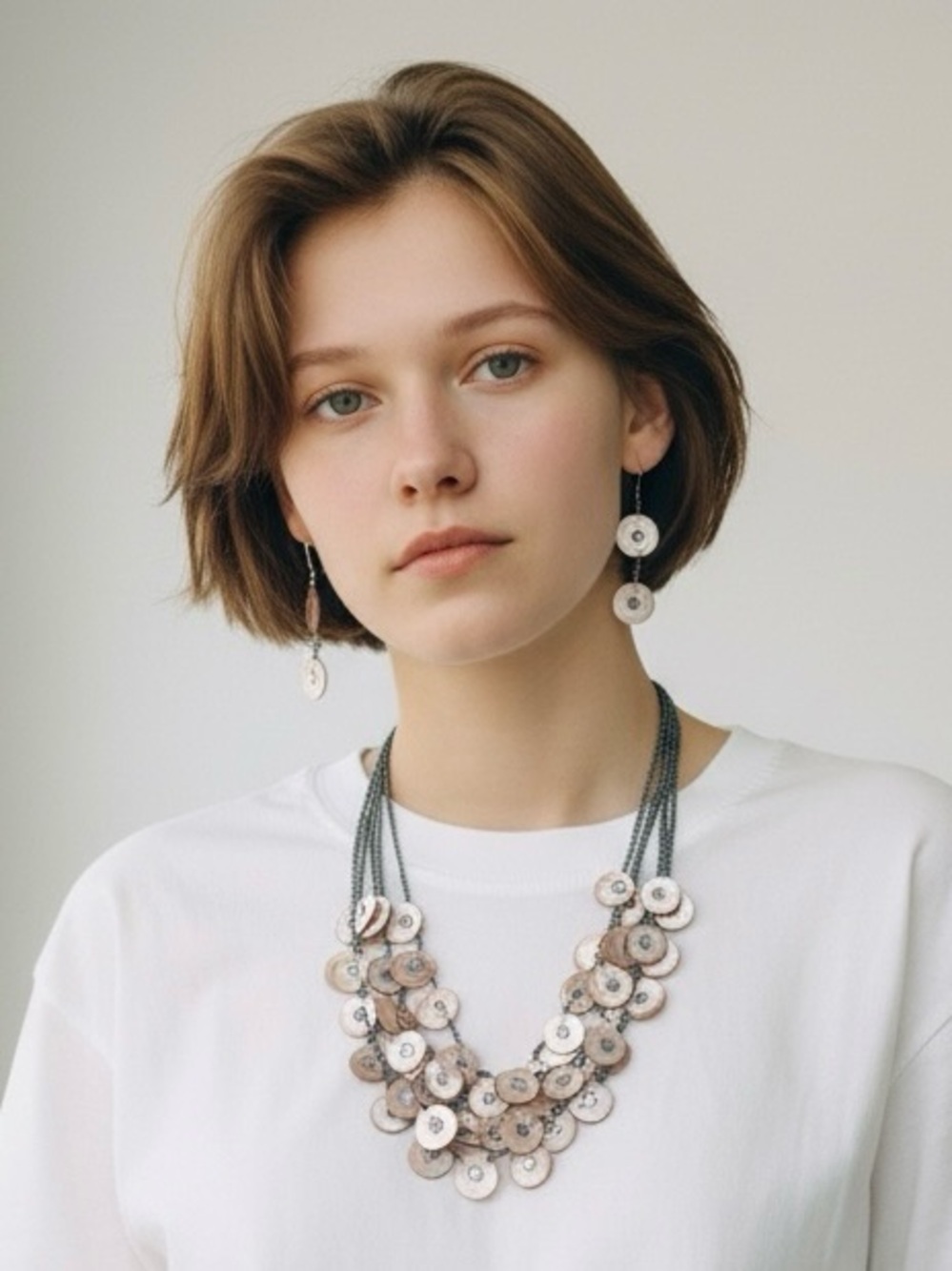 Pearlescent Gray Multi-strand Beaded and Sequin Necklace And Earrings Set